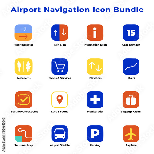 Airport navigation icons for travel and tourism