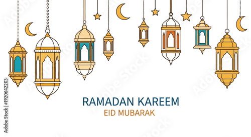 Colorful ramadan lanterns and crescent moons celebrate the islamic holy month