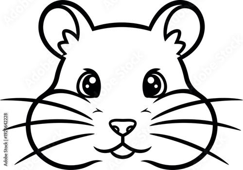 Adorable black and white line art illustration featuring a cute cartoon hamster face with large expressive eyes and prominent whiskers perfect for coloring activities and children's books
