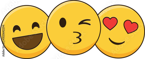 Three emoticon faces smiling winking and in love on white background