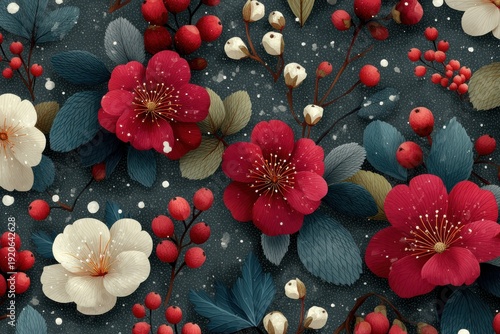 Vivid floral pattern featuring large red, blue, and white flowers on a dark gray background