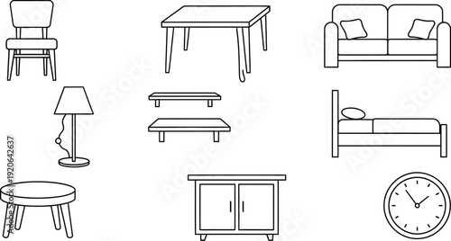Collection of essential black and white line art icons depicting various pieces of common household furniture including seating storage and timekeeping devices for interior design concepts.