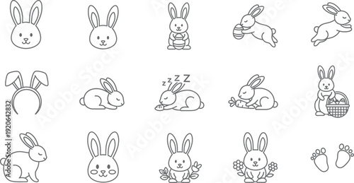 Collection of various cute black and white bunny icons featuring different poses like sleeping eating carrots carrying eggs and wearing headbands for holidays