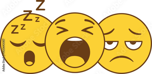 Three yellow emojis representing sleepy shocked and annoyed faces with different expressions