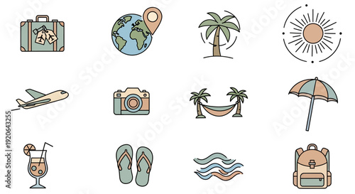 A collection of flat design travel and vacation icons including a suitcase, globe, palm trees, sun, airplane, camera, hammock, umbrella, cocktail, flip-flops, waves, and backpack.