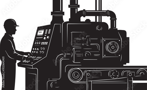 Silhouette Illustration of Industrial Worker Operating Machine Control Panel in Factory
