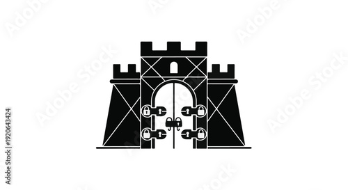 Black and white illustration of a castle gate with a large archway