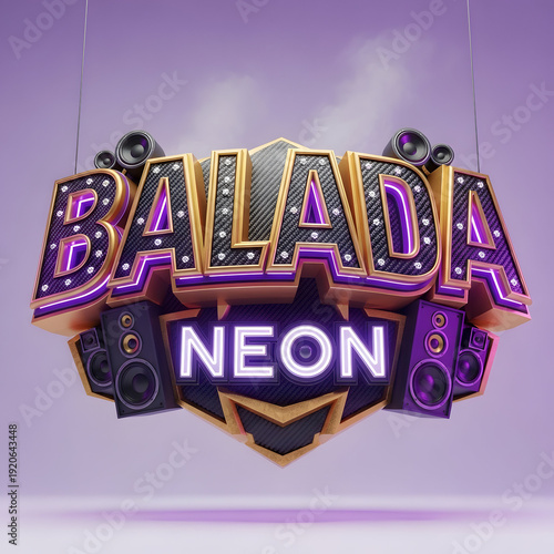 Three Dimensional Golden And Purple Neon Balada Logo With Professional Audio Speakers