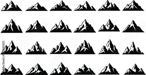 Mountain silhouette icons, landscape design symbols, vector illustration, black art, minimal layout, nature graphics
