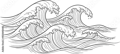 Stylized black and white outline drawing depicting multiple powerful crashing ocean waves in a traditional Japanese art manner perfect for graphic design projects.