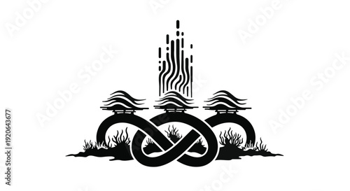Stylized snakes forming knot with abstract tower in background