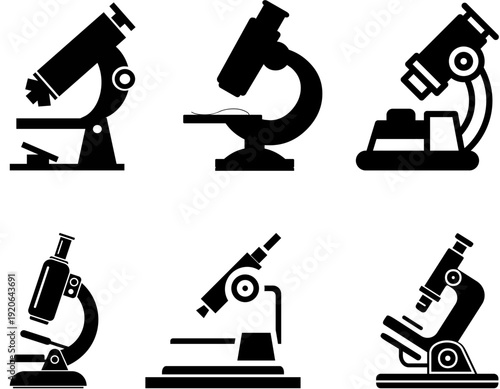 Six black silhouette icons of various types of microscopes, used for scientific observation and research.