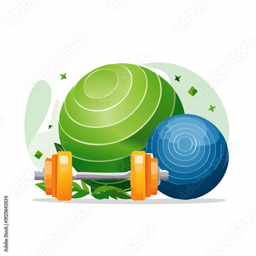 Home Workout Fitness Gear Illustration – Exercise Ball and Kettlebell Set