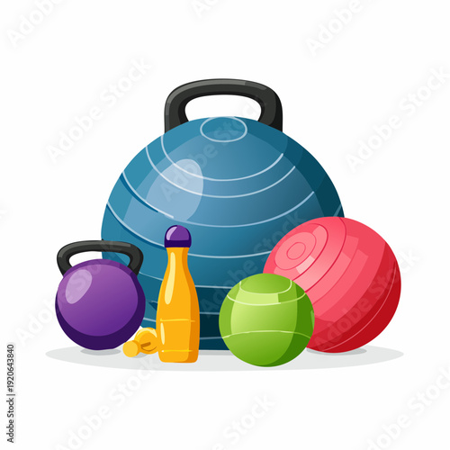 Fitness Equipment Illustration – Gym Ball, Kettlebell and Water Bottle for Workout