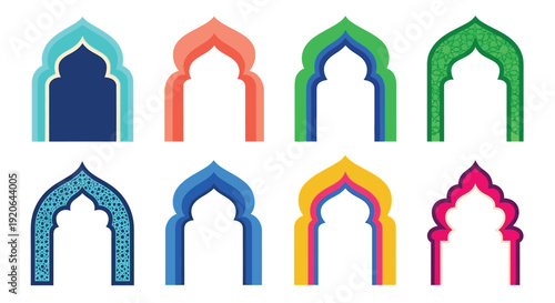 Colorful islamic arches arranged in a grid showcasing diverse designs