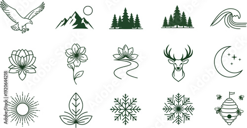 Collection of minimalist nature inspired line art icons representing wildlife elements flora seasons celestial bodies and outdoor adventure themes for design projects