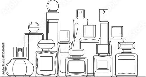 A collection of assorted perfume and fragrance bottles illustrated in a simple black and white line art style representing luxury cosmetic packaging concepts