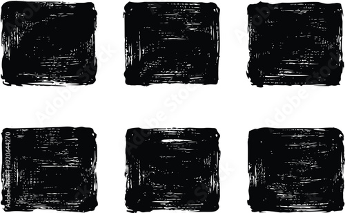 Six grunge black squares with texture on transparent background