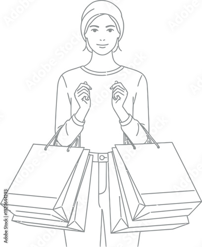 Minimalist line art illustration depicting a happy woman wearing a head covering while holding multiple shopping bags after a successful retail purchase experience downtown.