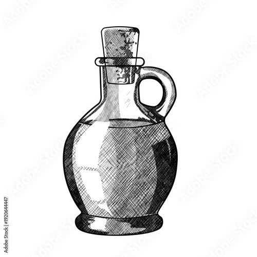 Glass bottle with cork stopper, hand drawn vector illustration of oil or vinegar carafe isolated