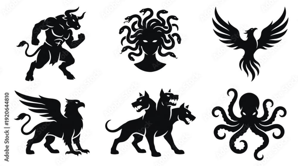 Fototapeta premium Monumental Myth Guardians – Sculptural Black Silhouette System of Six Legendary Creatures