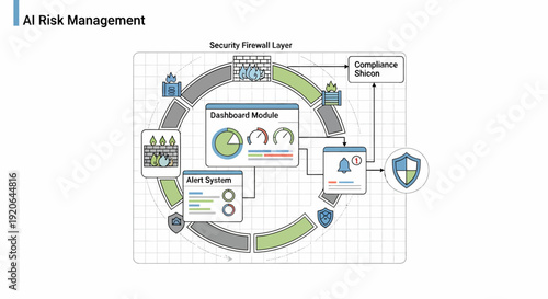 Conceptual diagram outlining an AI risk management framework, highlighting an integrated security firewall layer, threat detection, and compliance for secure system operations