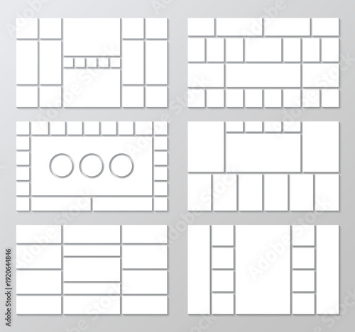 Portfolio images brandboard presentation. Photo collage album. Mosaic pictures. Geometric forms layout set. Moodboard grid. template. Gallery banner. Retro background. Vector illustration