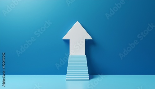 white arrow up with blue stair on blue floor background 3d arrow climbing up over a staircase 3d stairs with arrow going upward 3d rendering