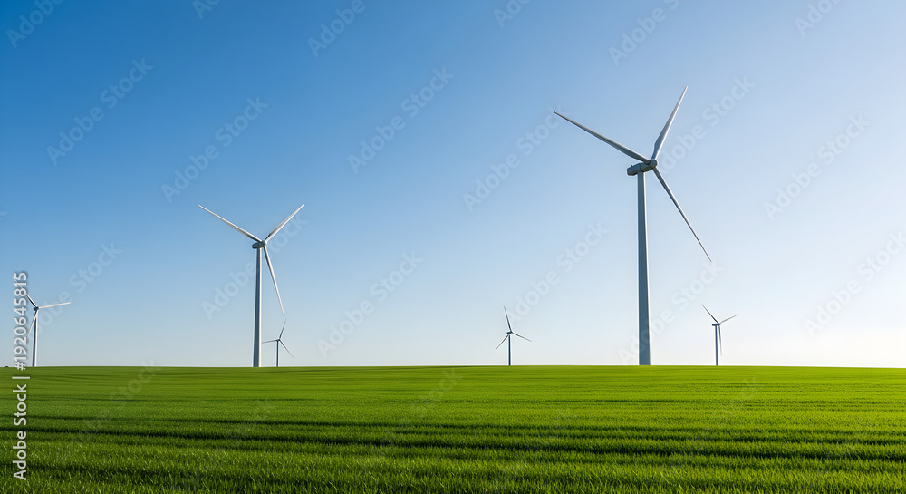 Fototapeta premium Wind turbines generating clean energy in green field under blue sky
