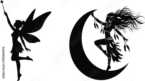 Mystical black silhouettes featuring a flying fairy holding a magic wand and a woman on a crescent moon