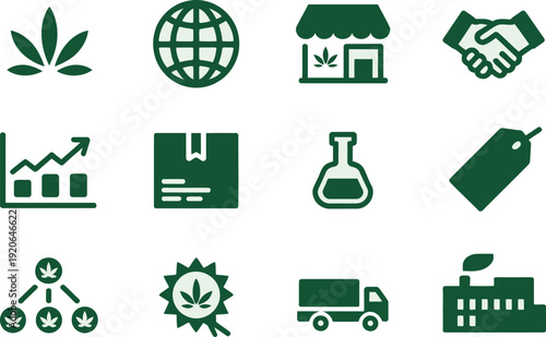Cannabis business icon collection. Includes marijuana, globe, handshake, graph, shop, lab, tag, network, leaf, truck, factory icons. Created in green style with monochromatic palette