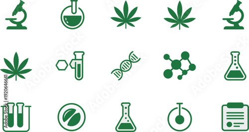 Science and cannabis icon collection. Includes marijuana, laboratory, DNA, molecule, test tube, beaker, microscope, and chemistry symbols. Created in line style with green palette