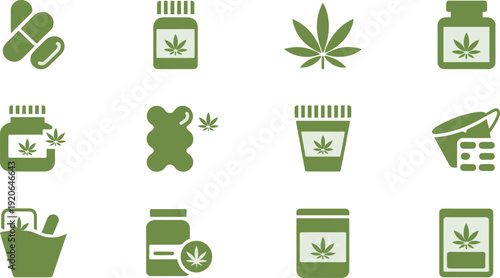 Cannabis products icon collection. Includes marijuana leaf, pills, gummies, jar, and vape icons. Created in green vector style with monochromatic palette