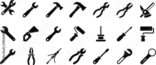 Construction tools silhouette icon set with wrench hammer equipment, flat vector illustration isolated on white background collection