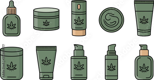 CBD skincare product icon collection. Includes cream, oil, lotion, and serum symbols. Created in minimalist line style with green and beige palette.