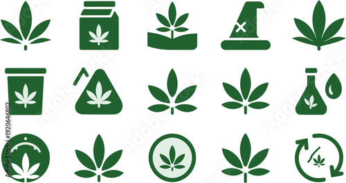 Cannabis green icon collection. Includes marijuana leaf, weed jar, bong, vape, cannabis bag, and recycling symbols. Created in simple style with green palette