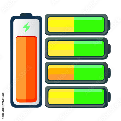 Battery charging levels with lightning bolt power energy progress bar vector illustration flat design