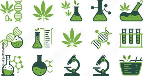 Cannabis lab icon collection. Includes marijuana, DNA, laboratory equipment, and research symbols. Created in green style with dark green accents.