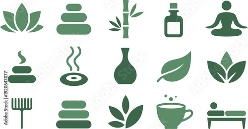 Spa wellness icon collection. Includes massage, meditation, yoga, bath, steam, leaf, tea, and relaxation symbols. Created in minimalist style with green palette