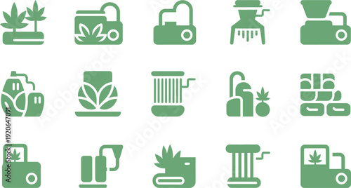 Cannabis industry icon collection. Includes weed, marijuana, cultivation, dispensary, and CBD oil symbols. Created in flat style with green palette