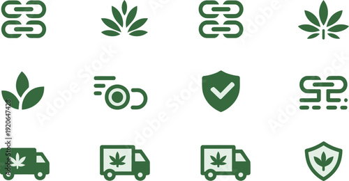 Cannabis green icon collection. Includes marijuana leaf, truck, shield, link, and delivery symbols. Created in minimalist style with green palette.