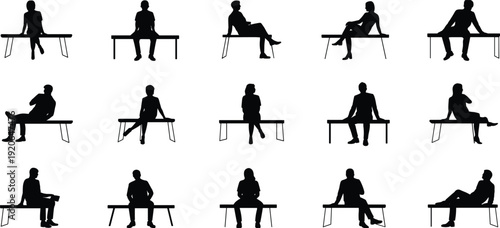 People sitting silhouettes, diverse bench postures, ergonomic study, human lifestyle design flat vector