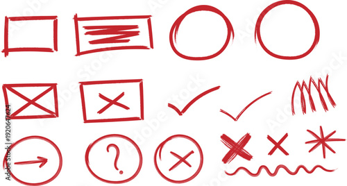 A collection of red hand drawn symbols and marks