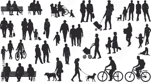 People silhouettes walking, cycling, strollers, pets, benches, urban everyday life, flat vector