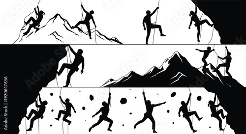 Rock climbing silhouettes mountaineering rappelling adventure mountain outdoor flat vector
