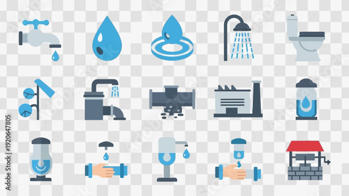 Collection of water related icons on a transparent background.