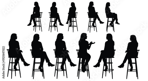 Collection of various female silhouettes seated upon tall bar stools against a light background