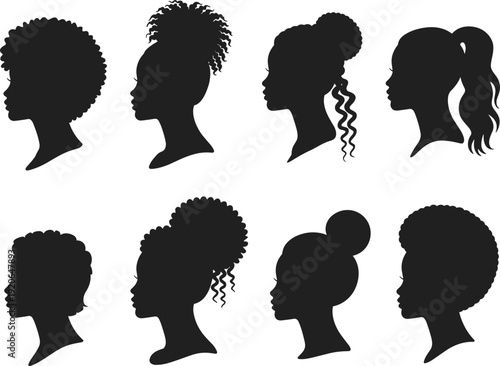Set of eight black silhouette profile icons showcasing textured and curly hairstyles for diversity, fashion, and character design themes