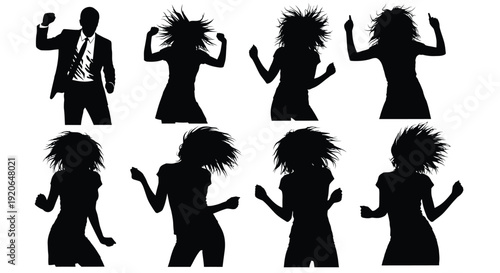 Collection of energetic male and female silhouettes dancing wildly with flying hair