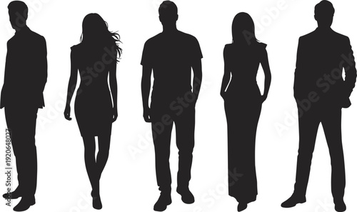 Set of five human silhouettes in formal and casual standing poses for design, marketing, and conceptual art themes